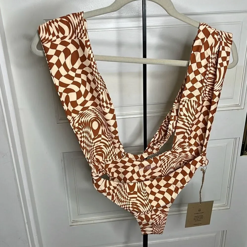 Stone Fox Swim x Free People Azalea One-Piece Caramel Check Small NWT